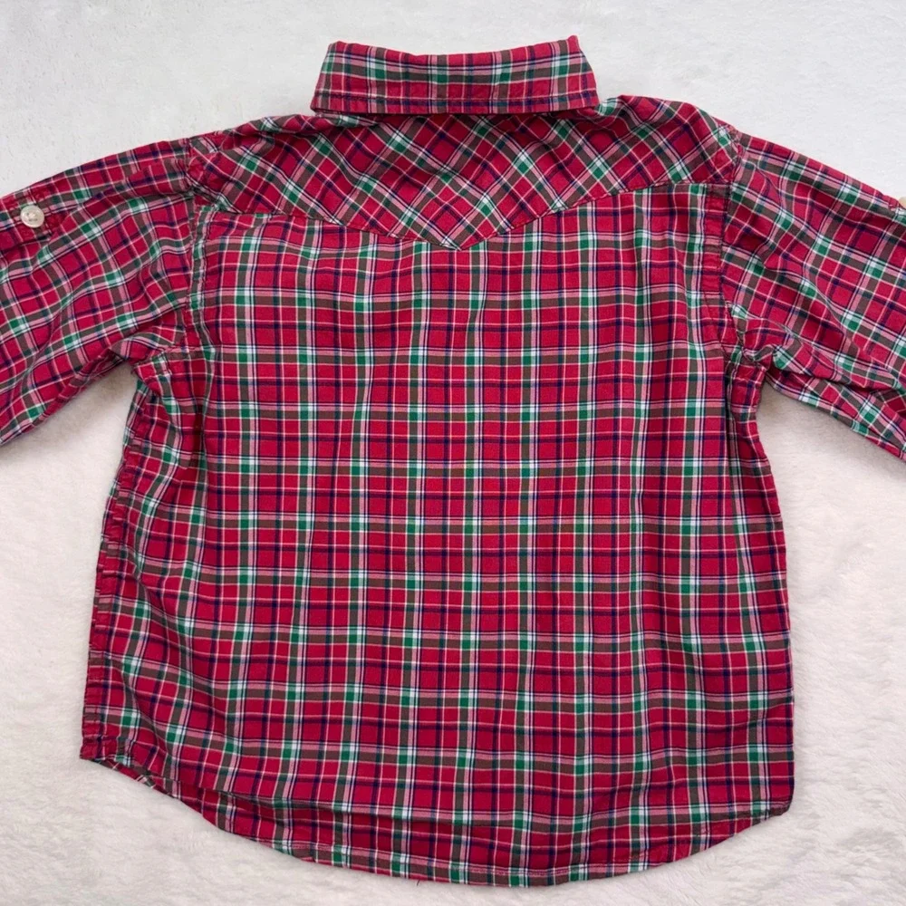 Ralph Lauren Western Shirt Boys 9M Red Green Plaid Pearl Snap Long Sleeve Cotton